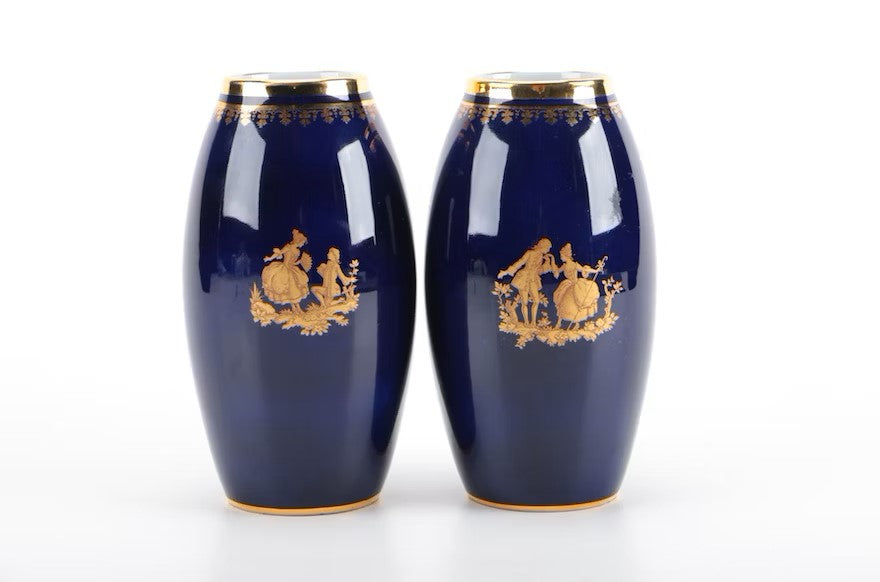 Pair of Gilt and Cobalt Limoges Vases