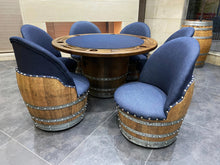 Load image into Gallery viewer, Dark Navy Blue Wine Barrel Poker Set with Removable Dining Top - Game Table & Barrel Chair - Wine Barrel Table for Dining and Poker