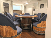 Load image into Gallery viewer, Dark Navy Blue Wine Barrel Poker Set with Removable Dining Top - Game Table & Barrel Chair - Wine Barrel Table for Dining and Poker