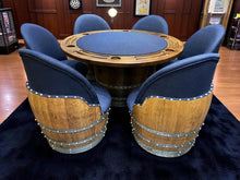 Load image into Gallery viewer, Dark Navy Blue Wine Barrel Poker Set with Removable Dining Top - Game Table & Barrel Chair - Wine Barrel Table for Dining and Poker