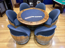 Load image into Gallery viewer, Dark Navy Blue Wine Barrel Poker Set with Removable Dining Top - Game Table & Barrel Chair - Wine Barrel Table for Dining and Poker