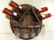Load image into Gallery viewer, Wine Rack Wall Mount - Wine Barrel Head Bottle-Glass Display - Rustic Wall Wine Rack - Unique Wine Barrel Decor