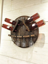 Load image into Gallery viewer, Wine Rack Wall Mount - Wine Barrel Head Bottle-Glass Display - Rustic Wall Wine Rack - Unique Wine Barrel Decor