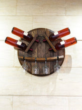 Load image into Gallery viewer, Wine Rack Wall Mount - Wine Barrel Head Bottle-Glass Display - Rustic Wall Wine Rack - Unique Wine Barrel Decor
